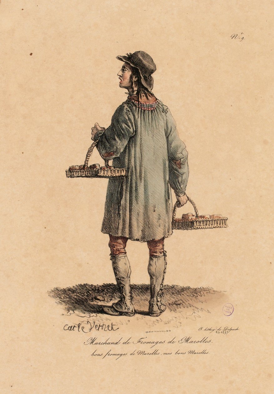 تاجر جبن من عائلة مارول من quot;Les cris de Parisquot; ج.1823-25 (ليثو) بواسطة كارل فيرنت