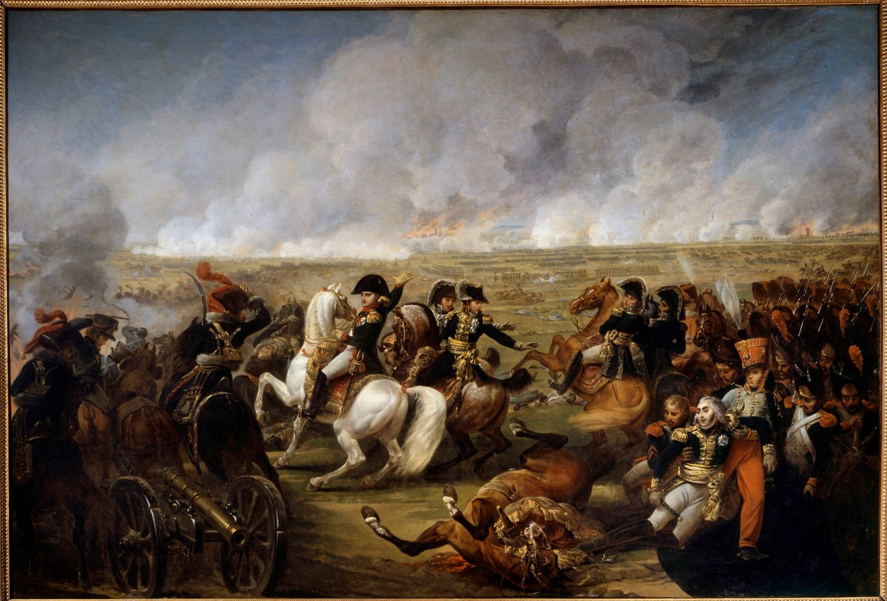 الإمبراطور نابليون الأول (1769-1821) في معركة فجرام في 5/7/1809. على اليمين ، ساعد جنديان الجنرال جوزيف ماري ديسايكس (1764-1834) ، الذي أصيب خلال المعركة. رسم أنطوان كارل فيرنيه (1758-1836) بواسطة كارل فيرنت