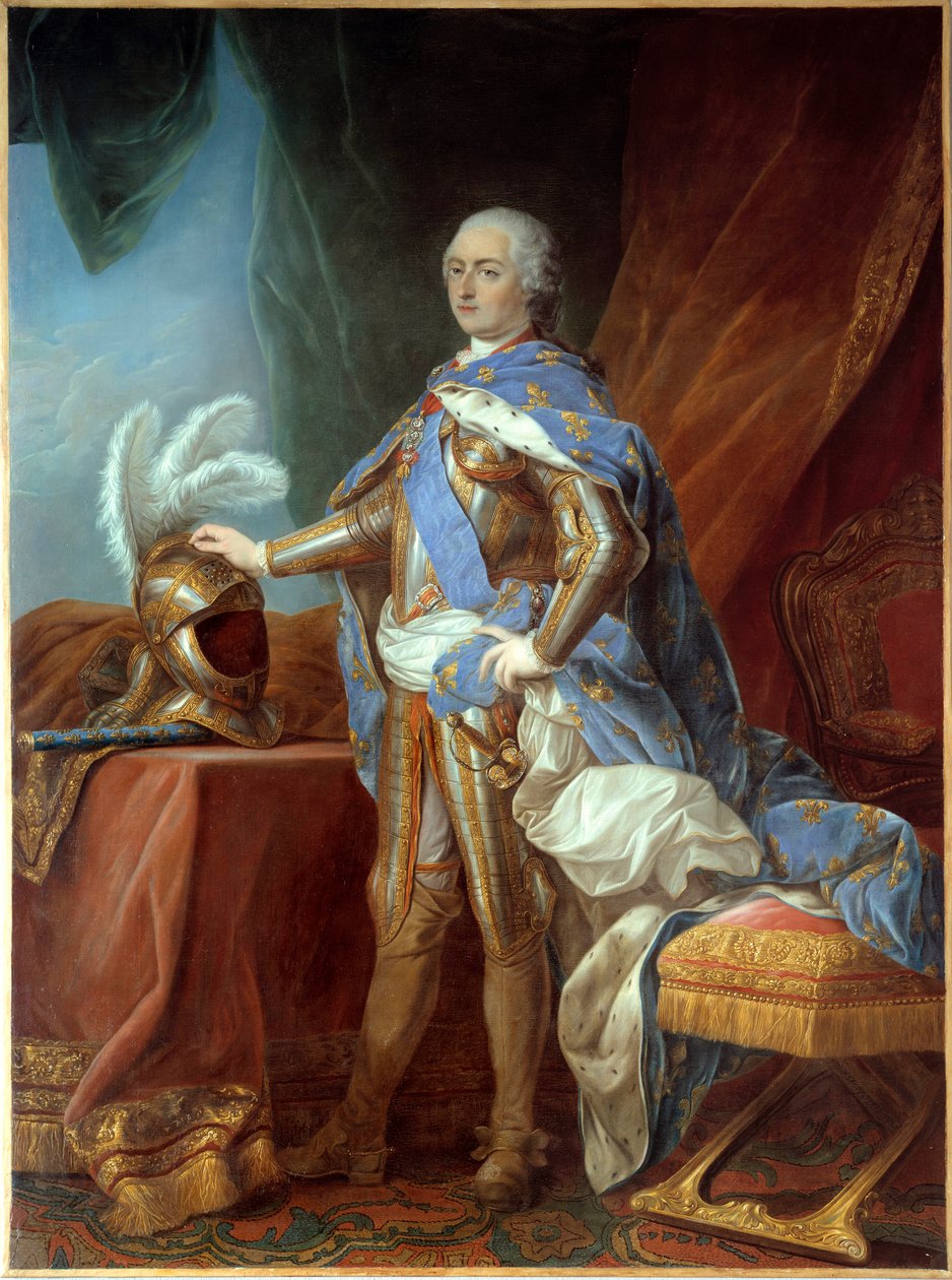 بورتريه في قدم لويس الخامس عشر (1710-1774) ، مرتديًا درعًا ، ويده موضوعة على دفة. لوحة لكارل فان لو (1705-1765) ، زيت على قماش (271 × 193 سم) بواسطة كارل فان لو