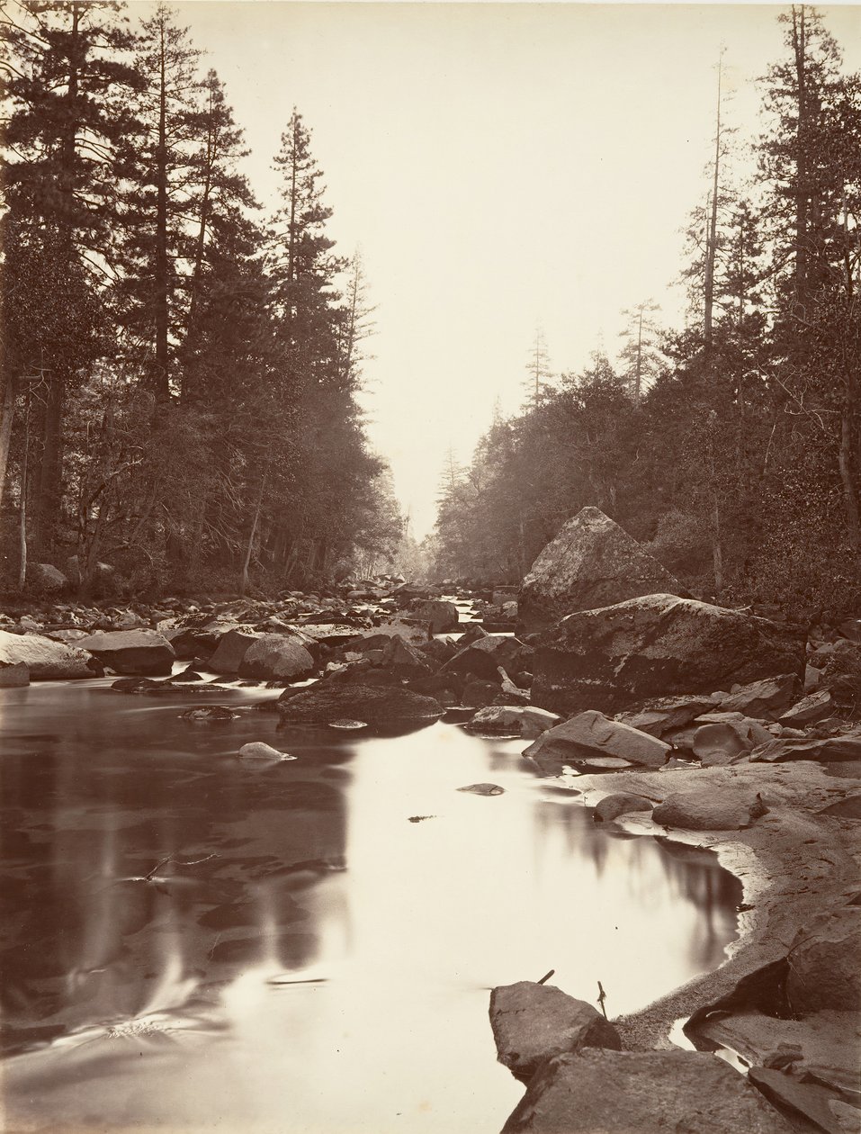 نهر ميرسيد ، يوسمايت ، كاليفورنيا. 1872 ، طبع كاليفورنيا. 1876. بواسطة كارلتون إي واتكينز.