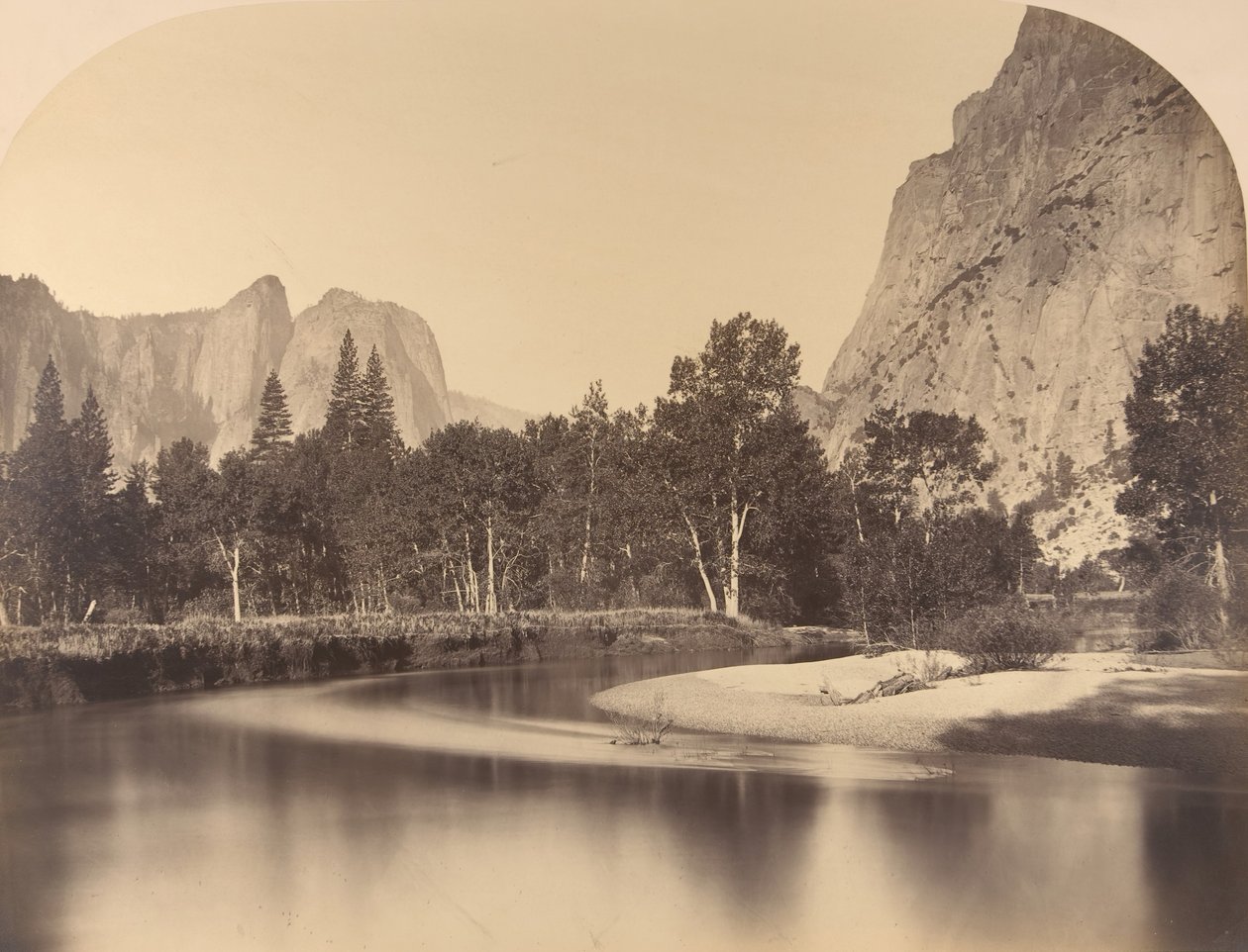 منظر للنهر ، أسفل الوادي ، صخرة الكاتدرائية على اليسار ، 1861 ، يوسمايت. بواسطة كارلتون إيمونز واتكينز