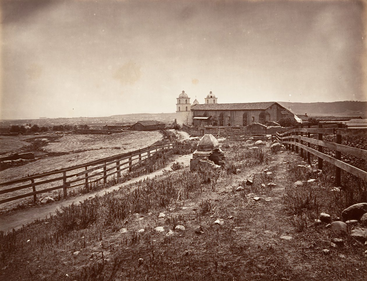 سانتا باربرا وكنيسة الإرسالية ، 1876 ، طبعت كاليفورنيا. 1876. بواسطة كارلتون إيمونز واتكينز