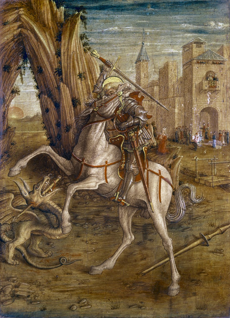 سانت جورج والتنين ، مشهد من لوحة بريديلا للمذبح &39;Madonna della Rondine&39; ، c.1490 (لوحة) بواسطة كارلو كريفيلي