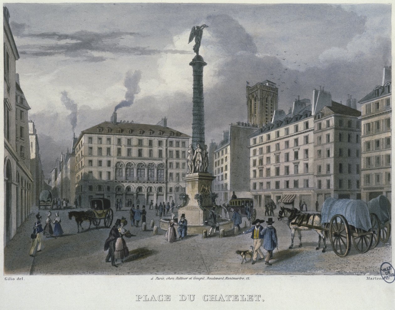 The Place du Chatelet ، باريس ، منقوش بواسطة فريدريك مارتينز (1809-75) 1832 (نقش الألوان) بواسطة كارلو جيليو