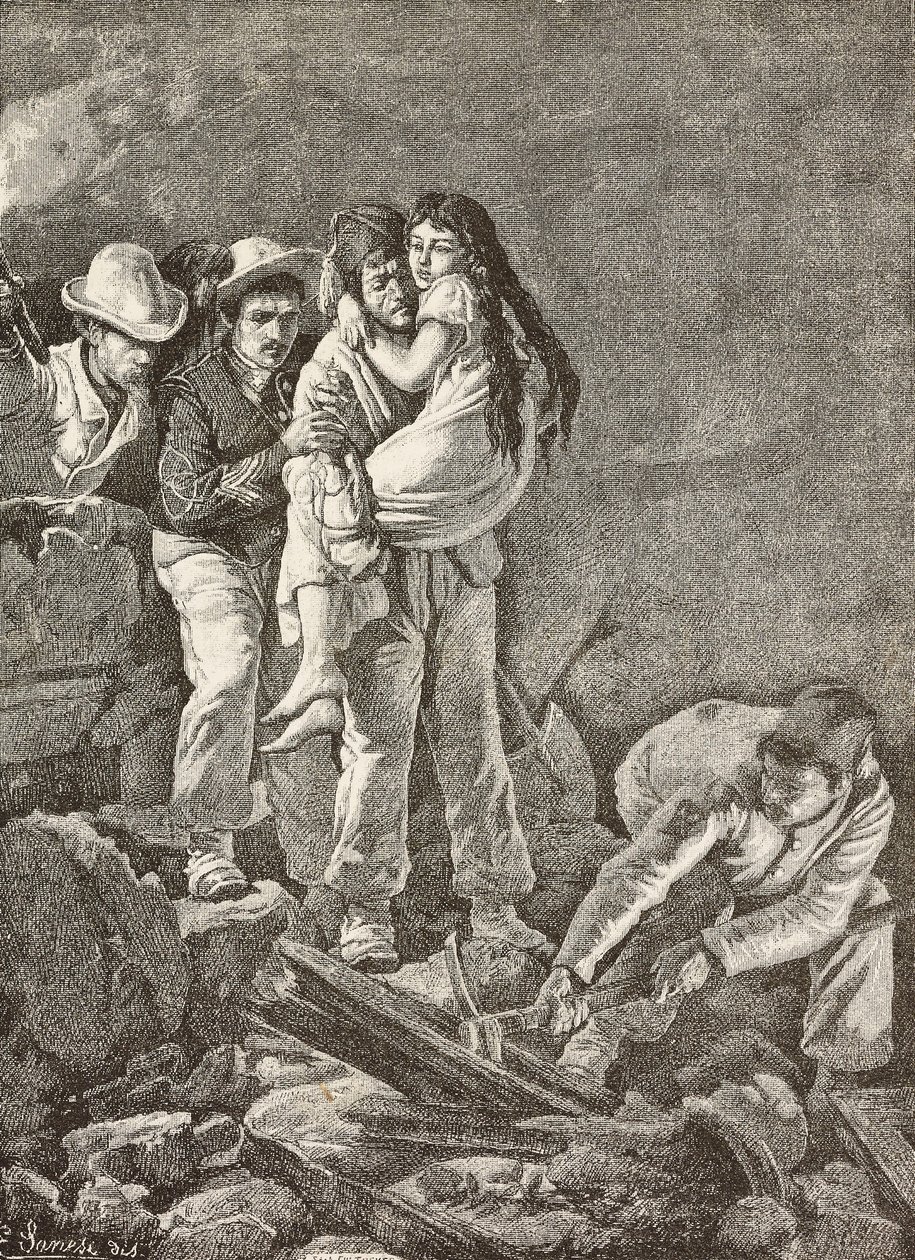 يتم إنقاذ فتاة بعد انهيار منزلها ، زلزال Casamicciola ، إيطاليا ، نقش من رسم لـ E Sanesi ولوحة من Carlo Ademollo (1824-1911) ، من L