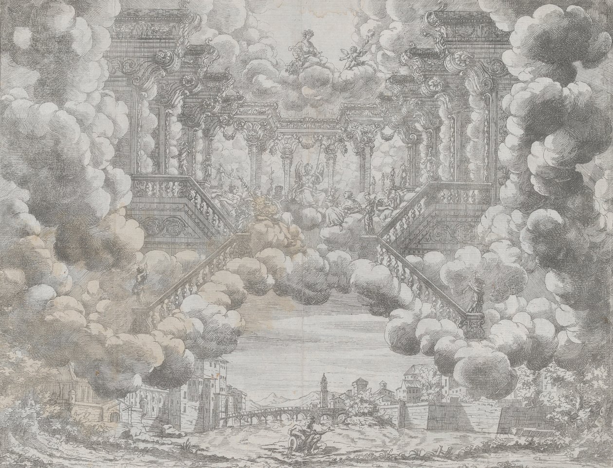 تصميم مسرحي بأشكال مجازية على سلم ، من 'L'Eta Dell'Oro' ، كاليفورنيا. 1690. بواسطة كارلو أنطونيو فورتي