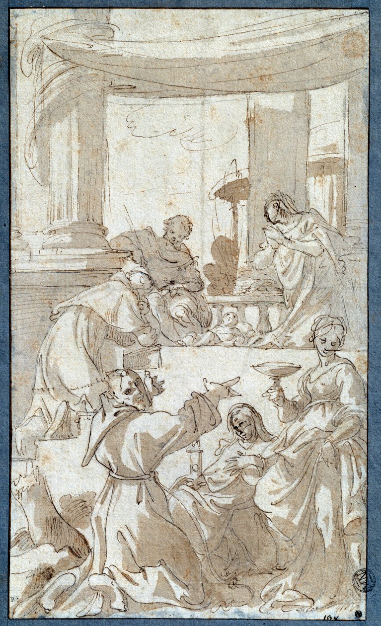 العائلة المقدسة Adoree بواسطة القديسين تشارلز بوروميه (1538-1584) ، فرانسوا الأسيزي (1182-1226) ، كلير أسيزي (1194-1253) ولوسيا رسم بالحبر والغسيل بواسطة كارلو بونوني (1569-1632) صن. 0.26 × 0.15 م باريس. متحف اللوفر بواسطة كارلو بونوني