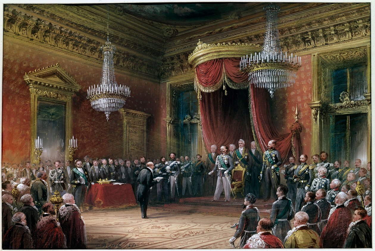 Risorgimento - كارلو فاريني (1812-1866) يقدم إلى فيكتور عمانويل الثاني (فيكتور عمانويل) (فيتوريو إيمانويل) (1820-1878) ميثاق ضم إميليا رومانيا في عام 1860 (زيت على قماش) بواسطة كارلو بوسولي