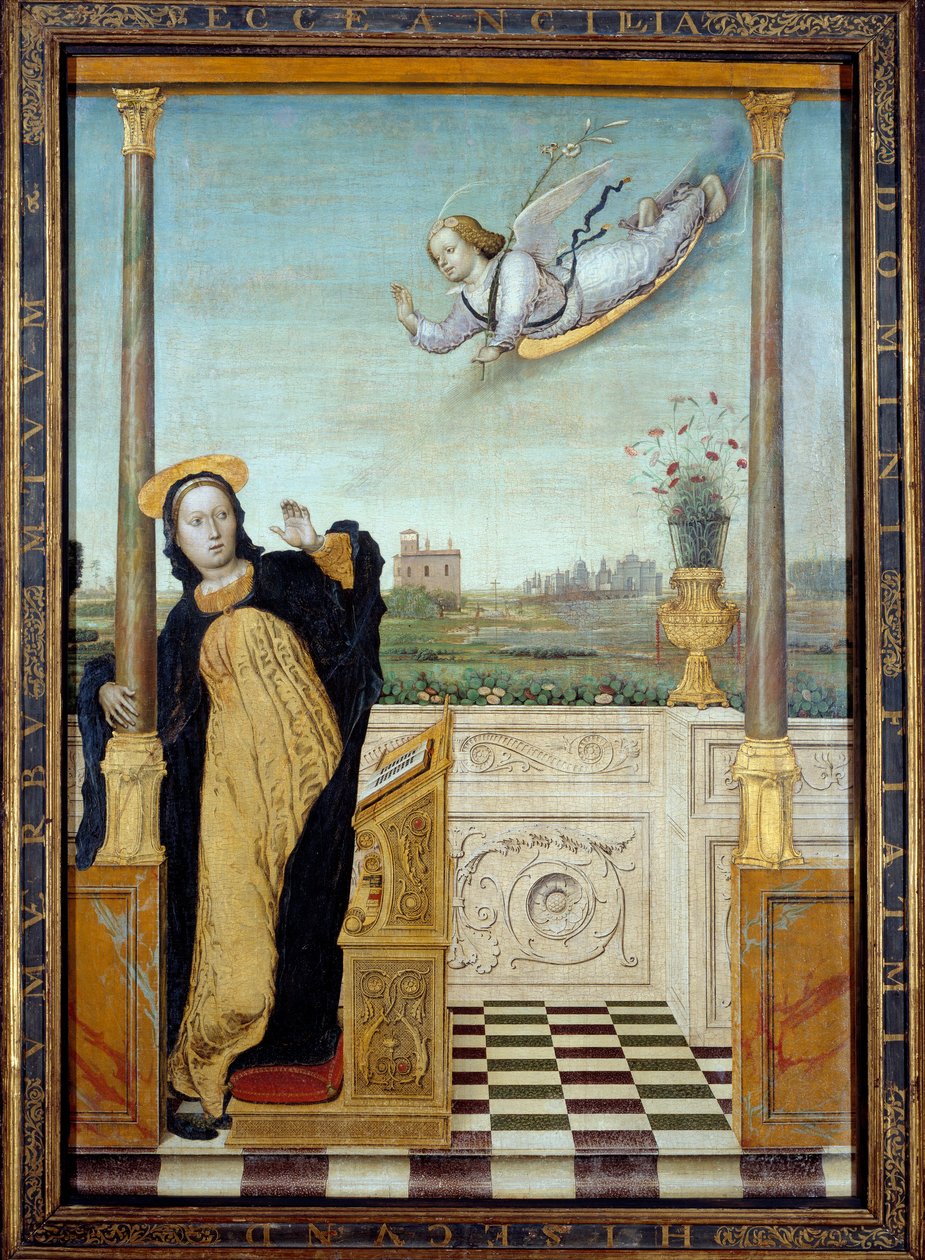 البشارة. اللوحة المركزية للثلاثي. لوحة كارلو دي جيوفاني براتشيسكو (1478-1501) بواسطة كارلو براتشيسكو