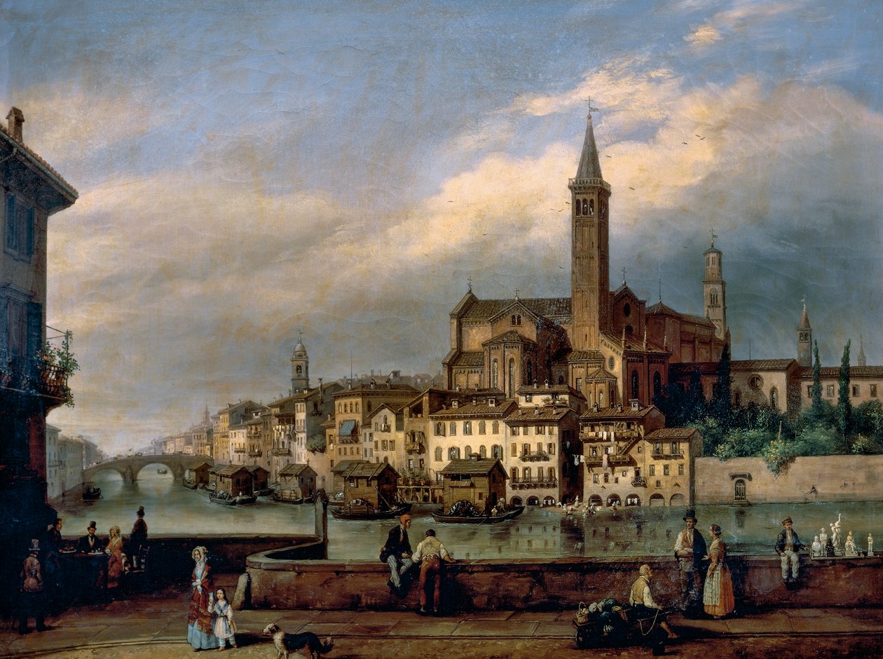 المنظر على طول نهر Adige في فيرونا ، مع وجود كنيسة St Anastasia في الخلفية بواسطة كارلو كانيلا