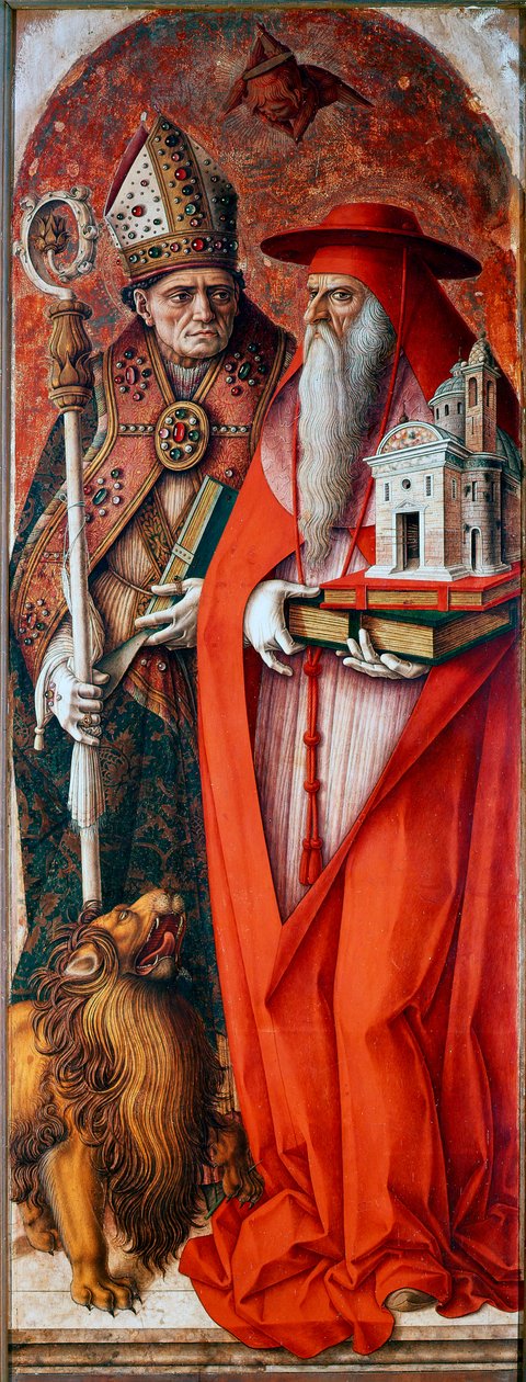 Polyptych من كاتدرائية كاميرينو (دومو دي كاميرينو): القديس جيروم والقديس أوغسطين. رسم لكارلو كريفيلي (1430 / 35-1494 / 1500). تمبرا على الخشب بواسطة كارلو كريفيلي