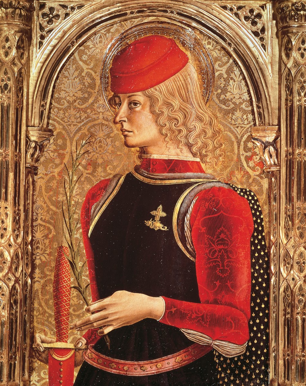 تمثيل القديس جورج ، تفاصيل المذبح ، بواسطة كارلو كريفيلي (حوالي 1430-1493 تقريبًا). كنيسة القربان المقدس ، كاتدرائية أسكولي بيتشينو ، ماركي. بواسطة كارلو كريفيلي
