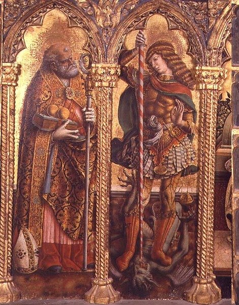 سانت نيكولاس وسانت مايكل ، تفاصيل من سان مارتينو متعدد الأشكال (تمبرا على اللوحة) (انظر 76669) بواسطة كارلو كريفيلي
