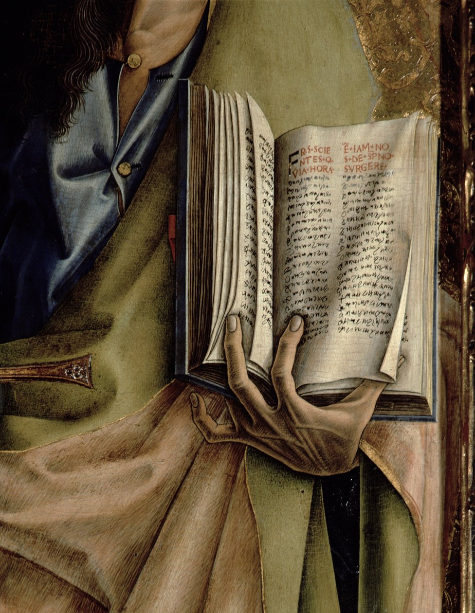 سانت بول ، تفاصيل كتاب الرسائل ، من SantEmidio polyptych ، 1473 تمبرا على تفاصيل لوحة 76647 و 76646 و 76636 بواسطة كارلو كريفيلي