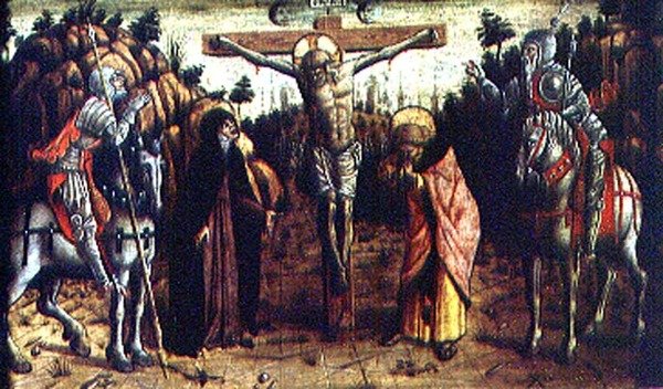 The Crucifixion ، لوحة بريديلا وسط اليد اليسرى من San Silvestro polyptych بواسطة كارلو كريفيلي