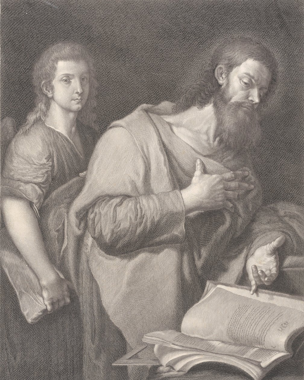 يقف القديس ماثيو أمام كتاب على اليمين ويده على صدره ، رجل آخر ... ، 1750-1784 بواسطة كارلو فوتشي