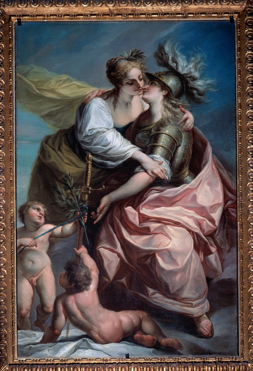 صورة رمزية للقيم الثلاثة عشر للجمهورية: السلام الذي يحتضن العدالة (الرسم ، بعد عام 1783) بواسطة كارلو جوزيبي راتي