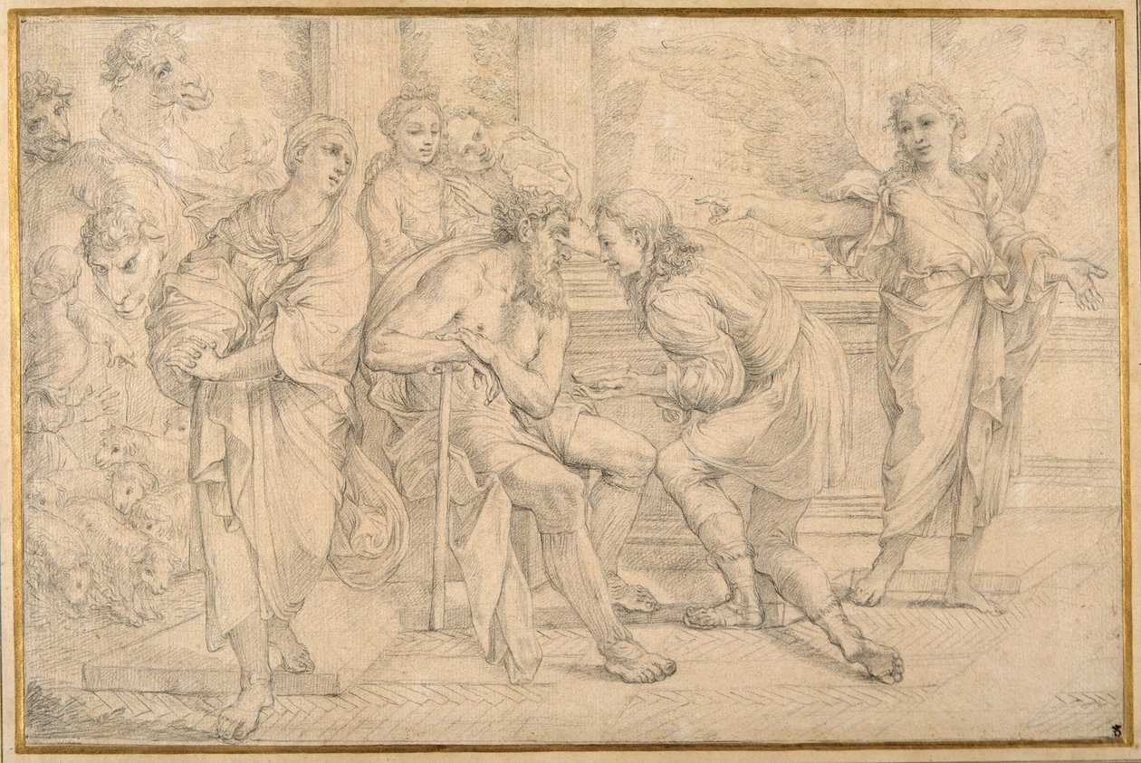 Tobias healing the blindness of Tobit with the gall of the fish (black chalk on paper) بواسطة كارلو ماراتي