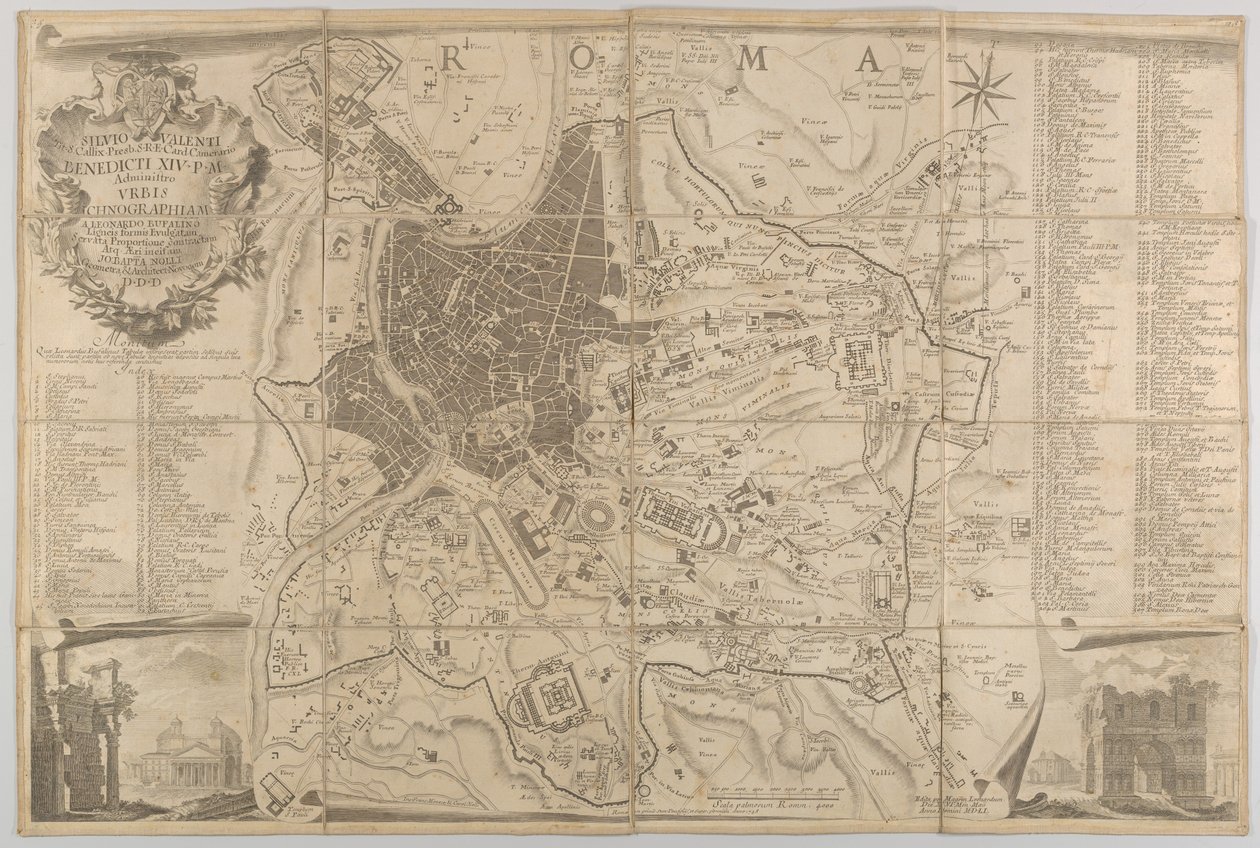 خطة روما القديمة مع إطلالة على البانثيون أسفل اليسار وقوس النصر السفلي ... ، 1748 بواسطة كارلو نولي