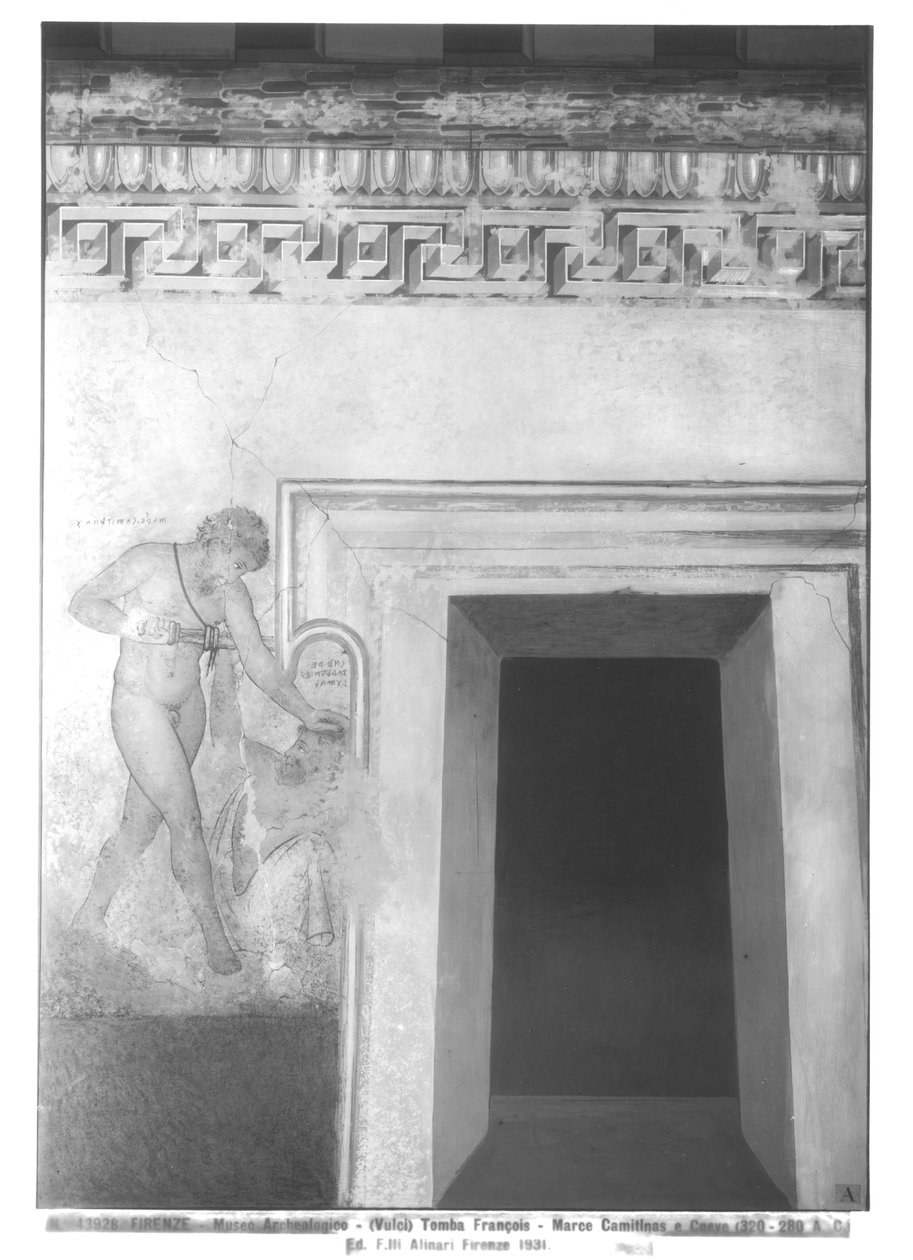 Eteocles and Polynices ، إعادة بناء لوحة الحائط الأترورية في مقبرة فرانسوا في فولسي من 320-280 قبل الميلاد (لوحة جدارية) (انظر أيضًا 212367 ، 214590 ، 214591) بواسطة كارلو روسبي