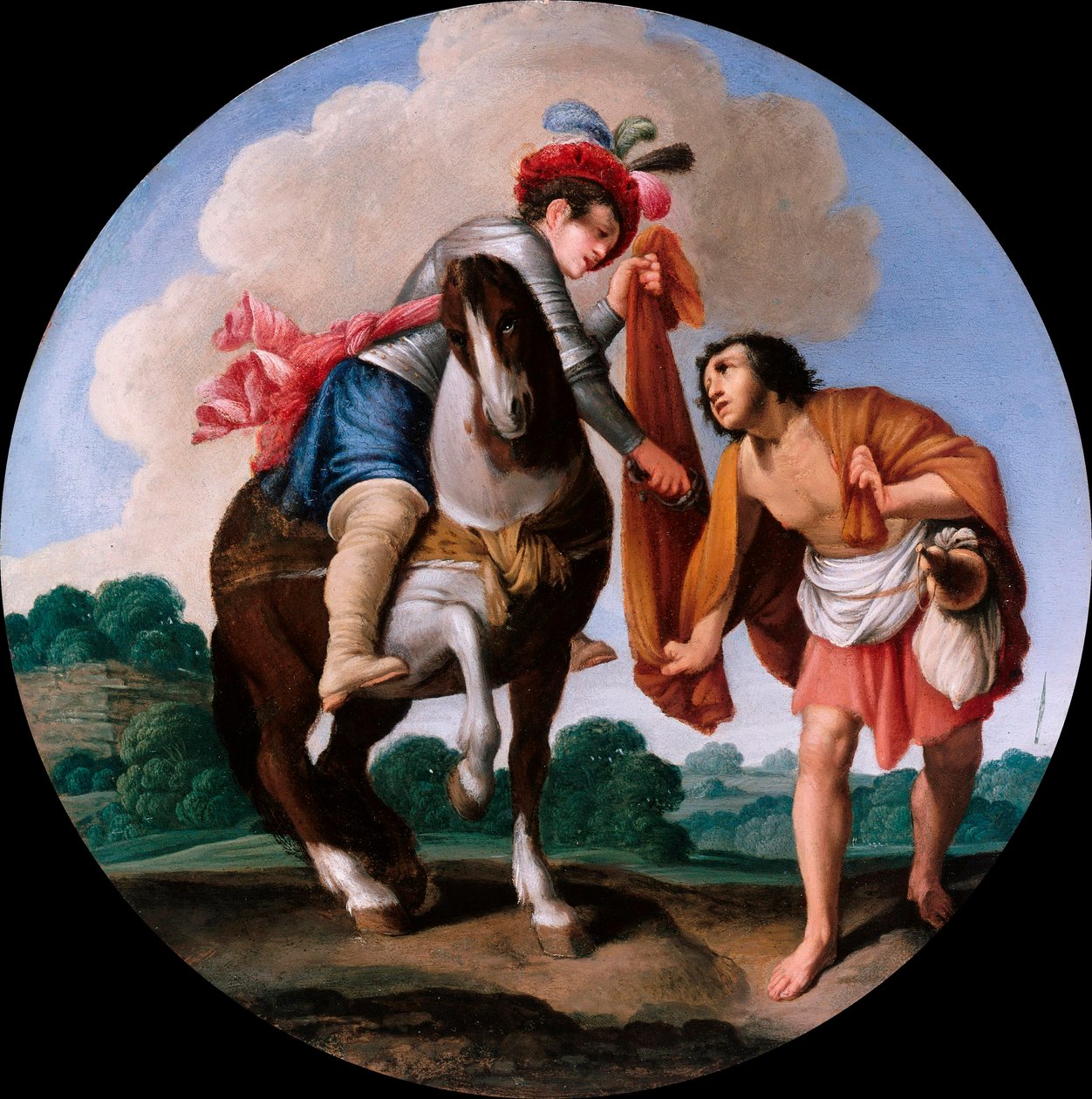 "" Saint Martin et un mendiant "(القديس مارتن ومتسول) لوحة لكارلو ساراسيني (1579-1620) ، 1608-1610 - زيت على نحاس ، قطر 21 سم Staatliche Museen ، برلين بواسطة كارلو ساراسيني
