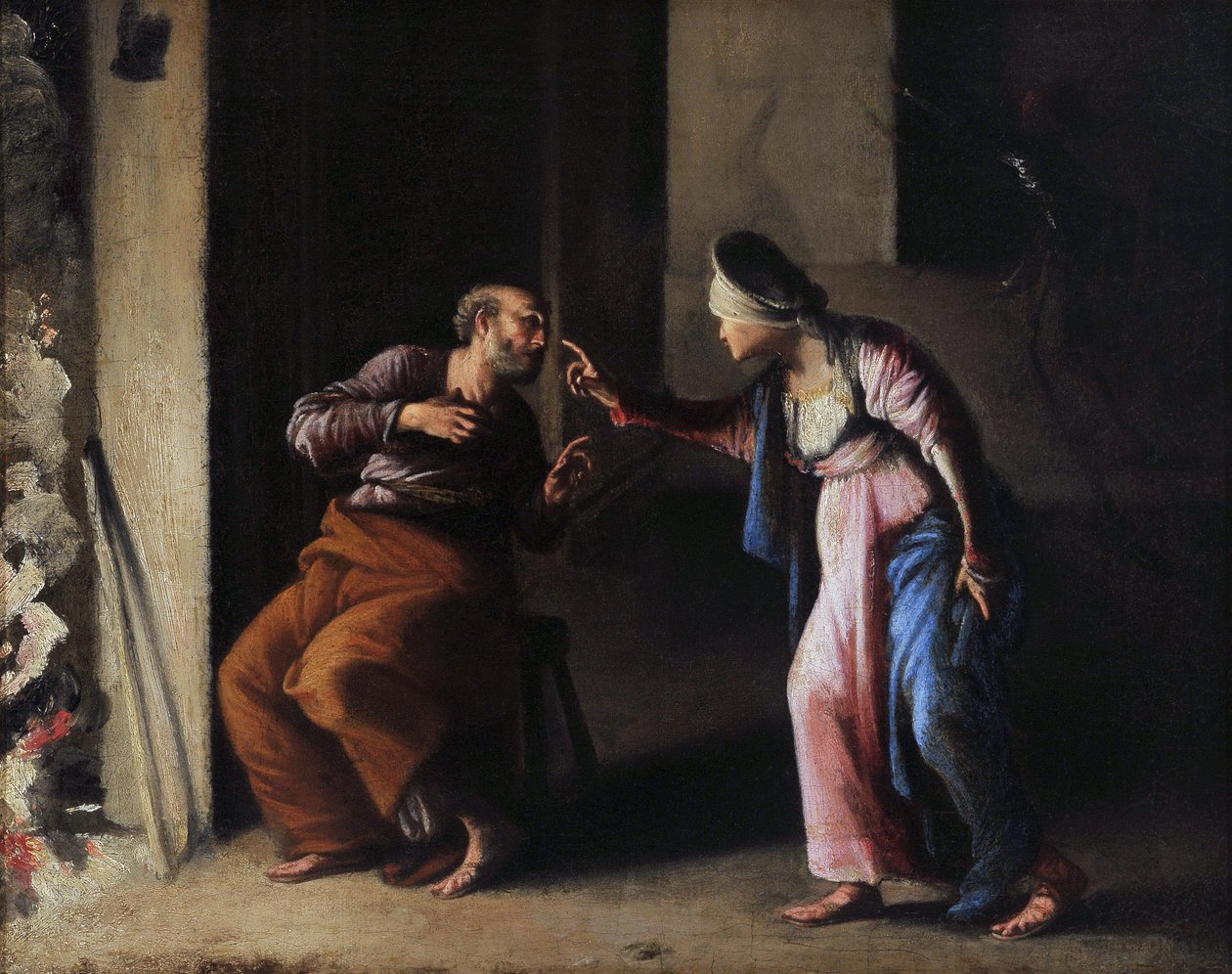 إنكار القديس بطرس. لوحة كارلو ساراسيني (1579-1620). زيت على قماش. قاتمة: 38x48 سم. متحف جرانيت ، إيكس أون بروفانس. بواسطة كارلو ساراسيني
