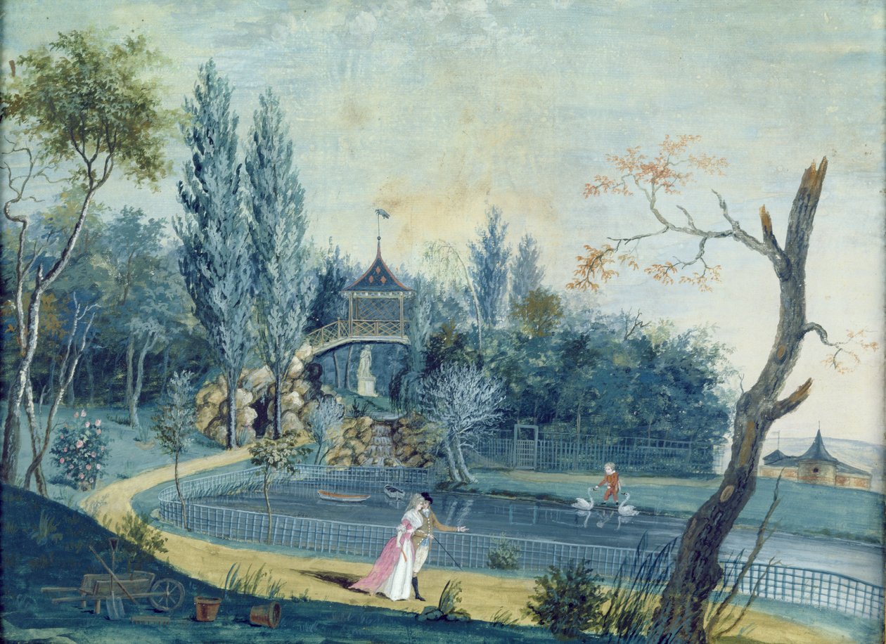 البحيرة والجناح الصيني في الحديقة في Le Raincy ، c.1754-93 بواسطة لويس كاروجيس ديت كارمونتيل