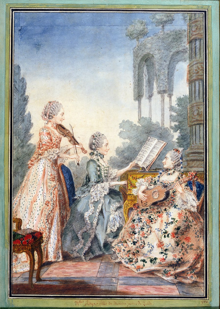 بنات ثلاث من الملحن جوزيف نيكولاس بانكريس روير (c.1705-55) يلعبون الموسيقى من باليه زايد ، ج. بواسطة لويس كاروجيس ديت كارمونتيل