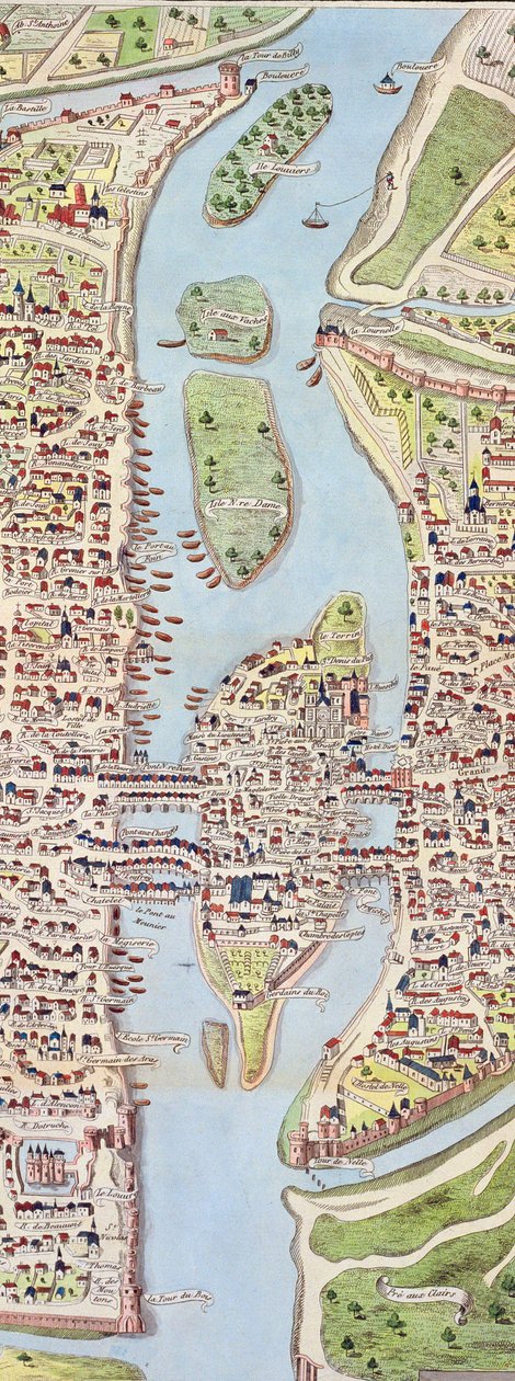 تفاصيل Ile de la Cité ، من خريطة باريس ج. 1540 ، والمعروفة باسم Plan de la Tapisserie ، مصنوعة من نسيج c.1570 ، نقش ألوان 1818 بواسطة كارولين نوديت