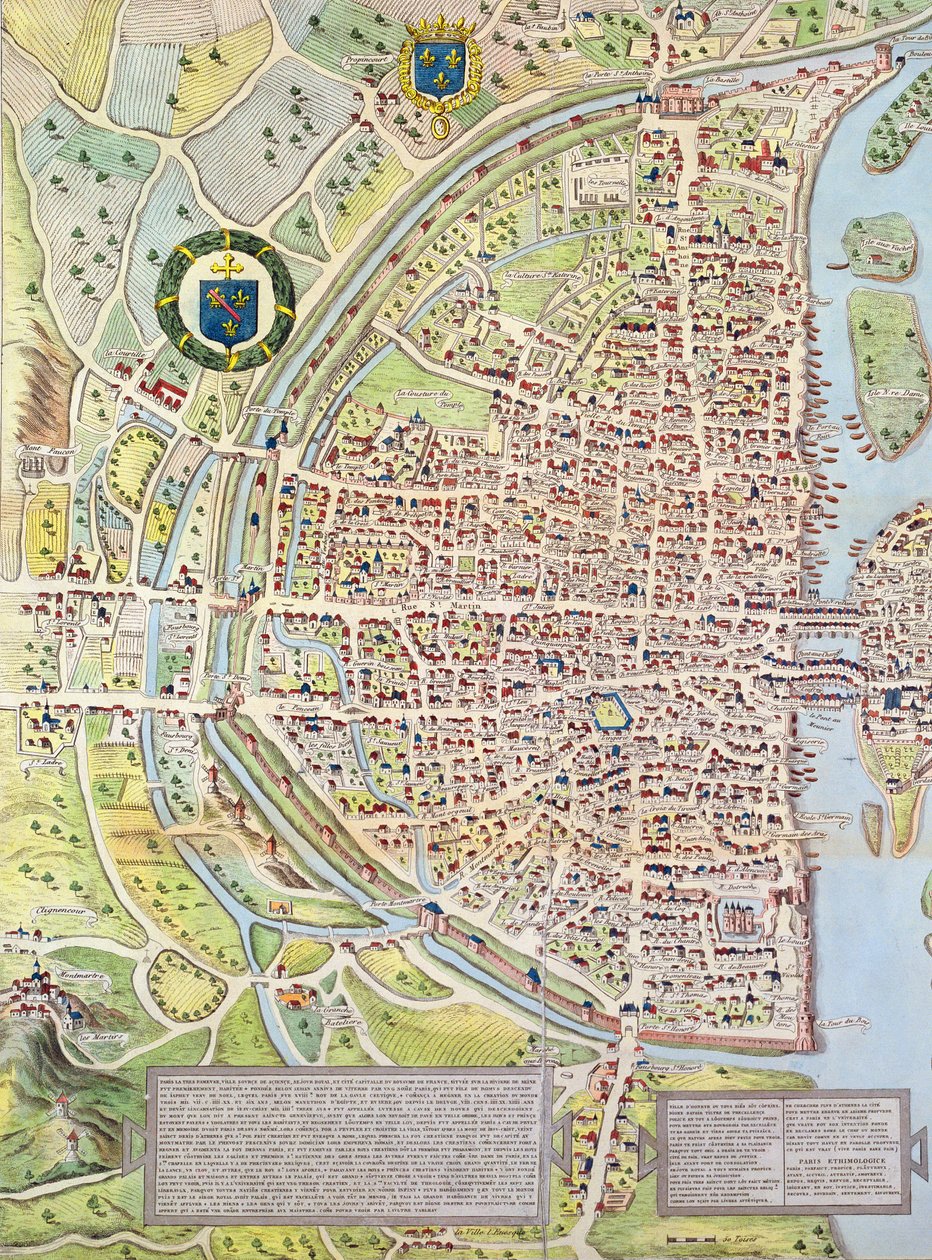تفاصيل الضفة اليمنى ، من خريطة باريس ج. 1540 ، المعروفة باسم Plan de la Tapisserie ، مصنوعة كنسيج ج. 1570 ، 1818 نقش الألوان بواسطة كارولين نوديت