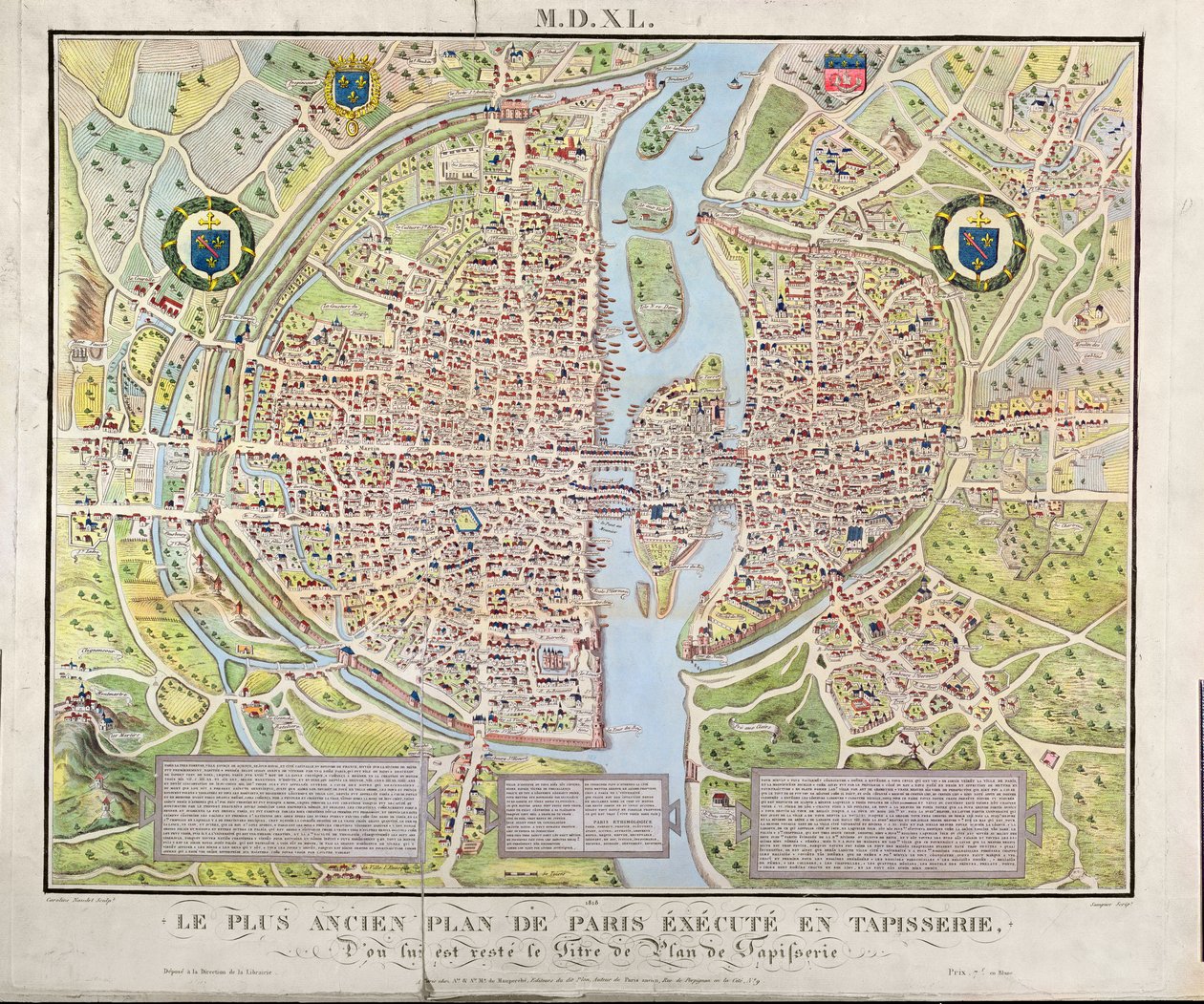 خريطة باريس c.1540 ، والمعروفة باسم Plan de la Tapisserie ، والتي صنعت كنسيج c.1571 ، 1818 (نقش الألوان) بواسطة كارولين نوديت