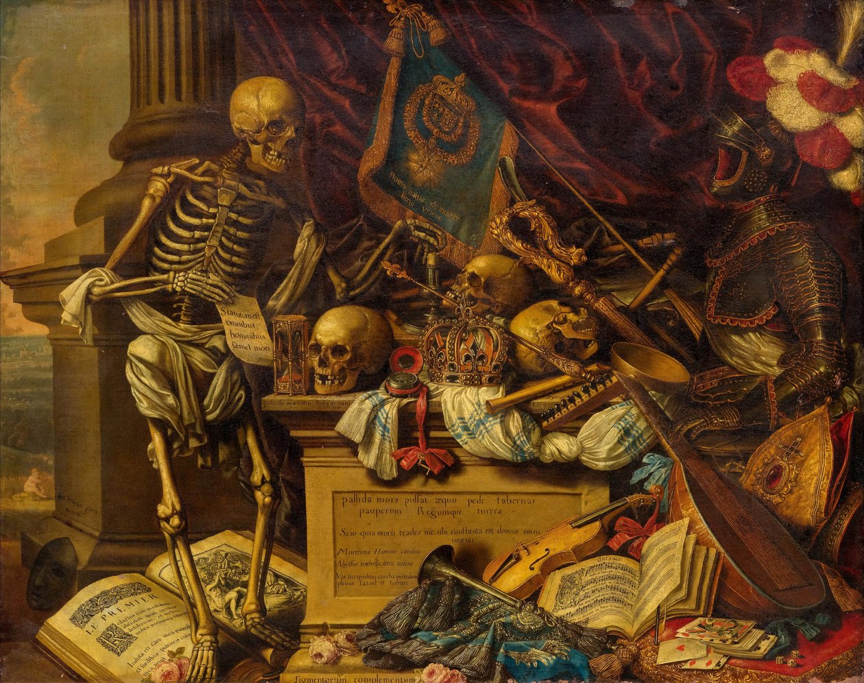 Vanitas Still Life مع الآلات الموسيقية والكتب والموسيقى الورقية والهيكل العظمي والجمجمة والدروع ، 17 c بواسطة كارستيان لويكس