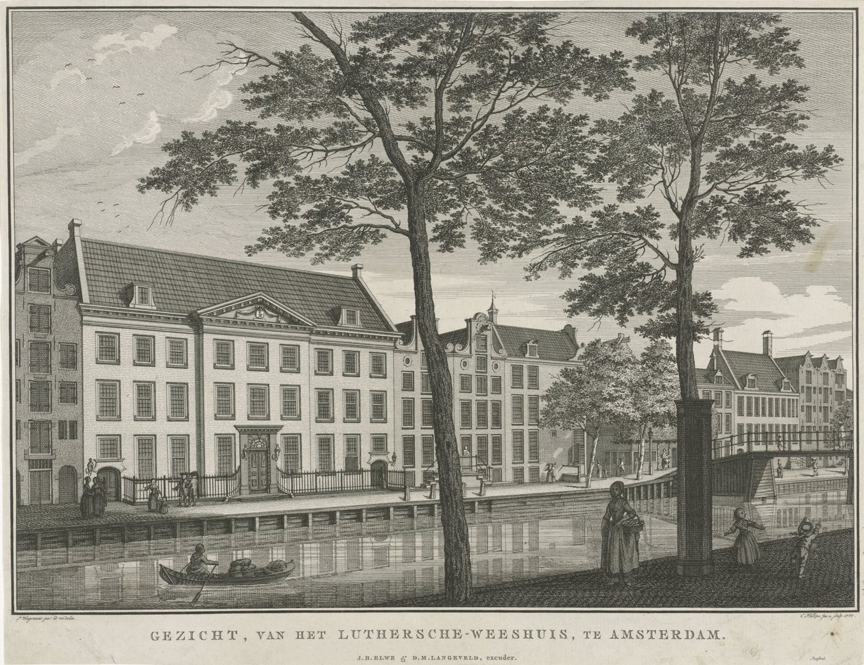 منظر لدار الأيتام اللوثرية في أمستردام وجه دار Luthersche للأيتام في أمستردام (العنوان على الجسم) بواسطة كاسبار جاكوبس. فيليبس