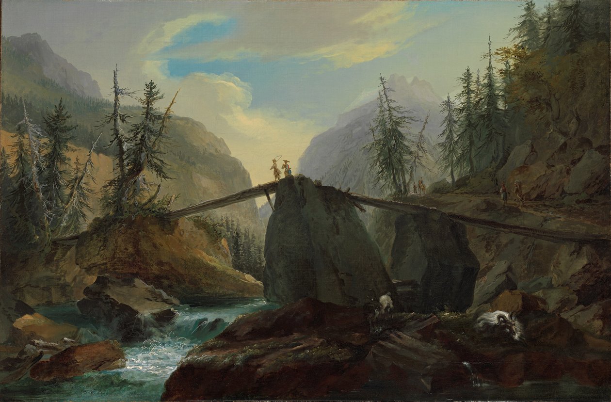 جسر مشاة خشبي فوق Lütschine بالقرب من Gsteig ، 1774. بواسطة كاسبار وولف