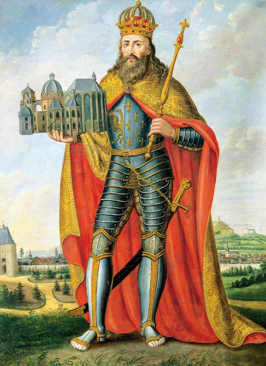 Portrait of Charlemagne (742 - Aachen, 814), King of Franks and Lombards and Emperor of Holy Roman Empire, standing with model of Palatine Chapel, Painting by Scheuren بواسطة كاسبر جوهان نيبوموك شورين