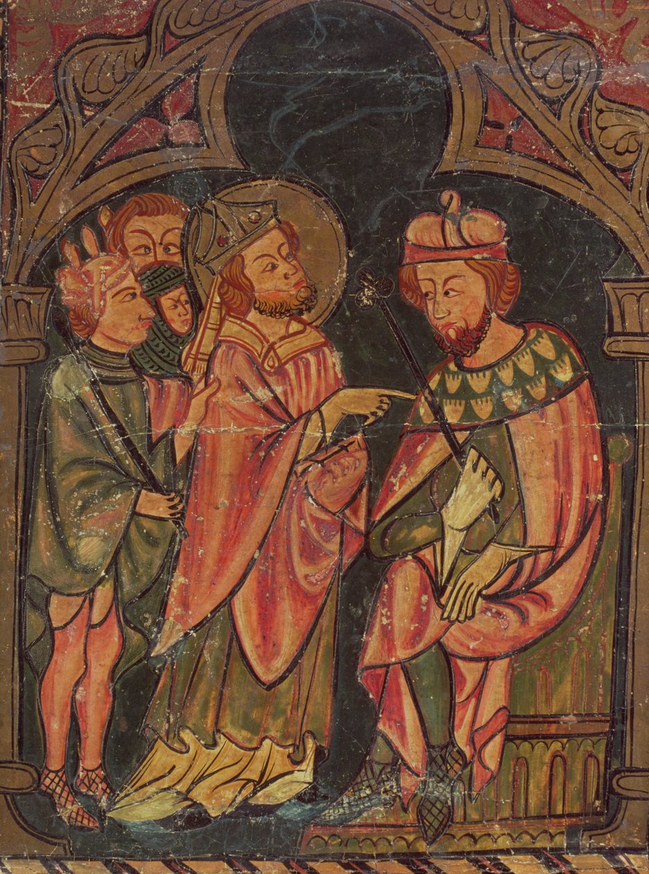 القديس سيبريان (حوالي 200-258) أسقف قرطاج أحضر أمام الإمبراطور فاليريان (حكم 253-60) 1300-25 بواسطة المدرسة الكاتالونية