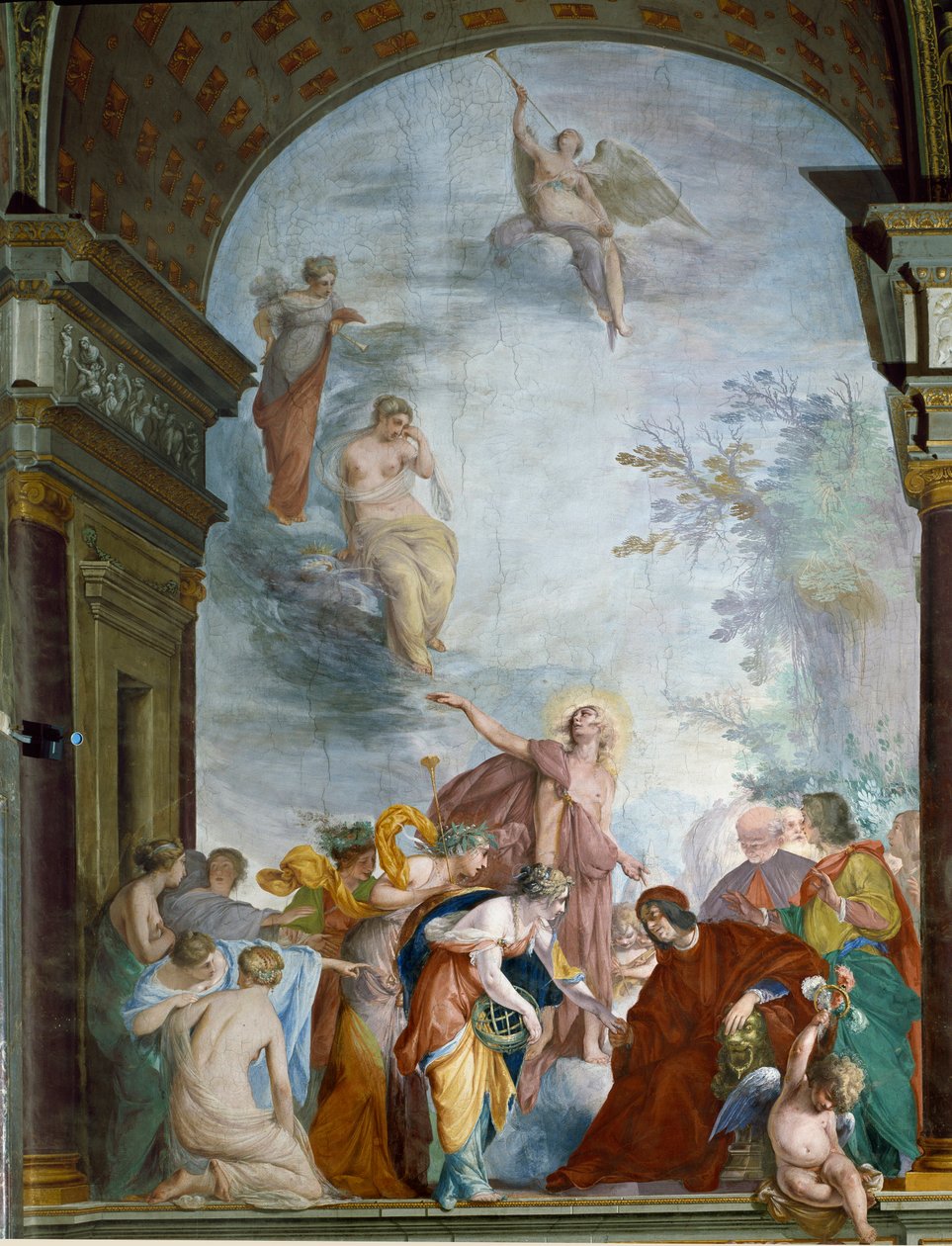 La Renommee ovatifies the exploits of Lorenzo de Medici il Magnifico (Laurent de Medici le Magnifico) (1449-1492) Fresco by Cecco Bravo (Francesco Montelatici) (1607-1661) around 1635 Florence, Palazzo Pitti, Sala degli Argenti بواسطة سيكو برافو