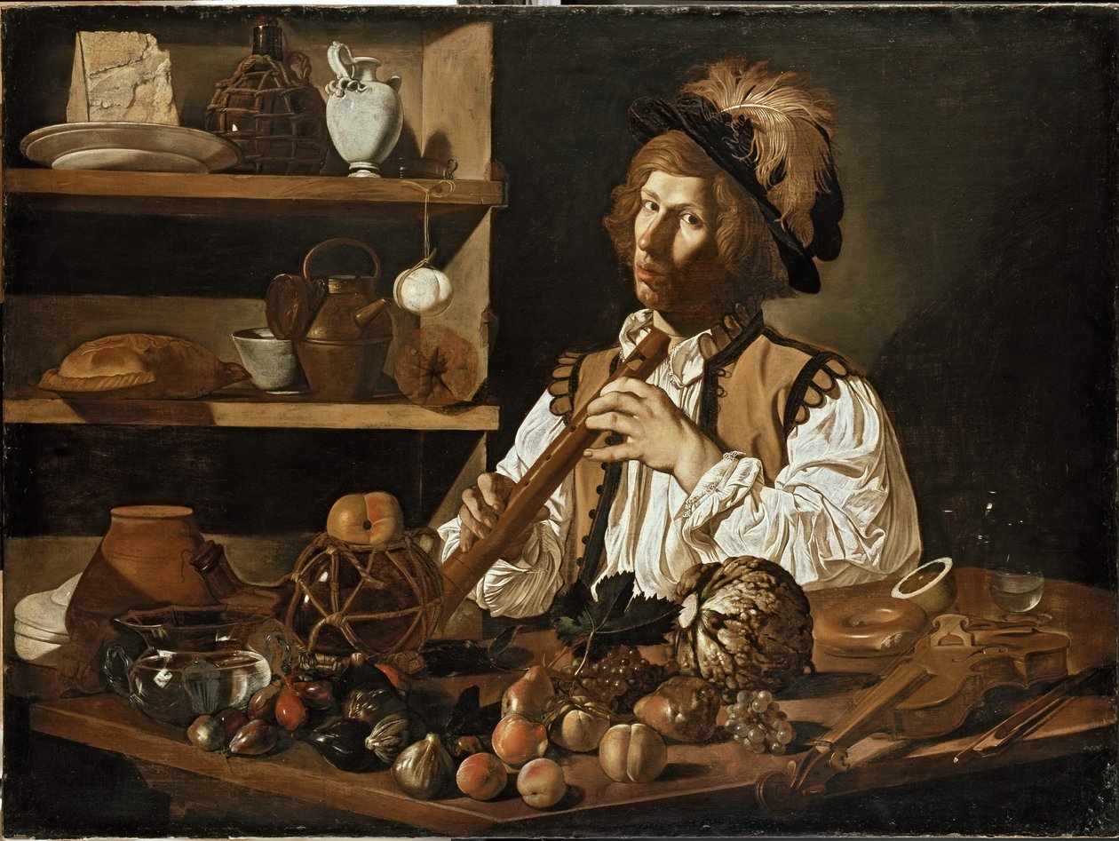 الداخلية مع حياة ساكنة وشاب يحمل مسجل ، القرن السابع عشر بواسطة Cecco de Caravaggio