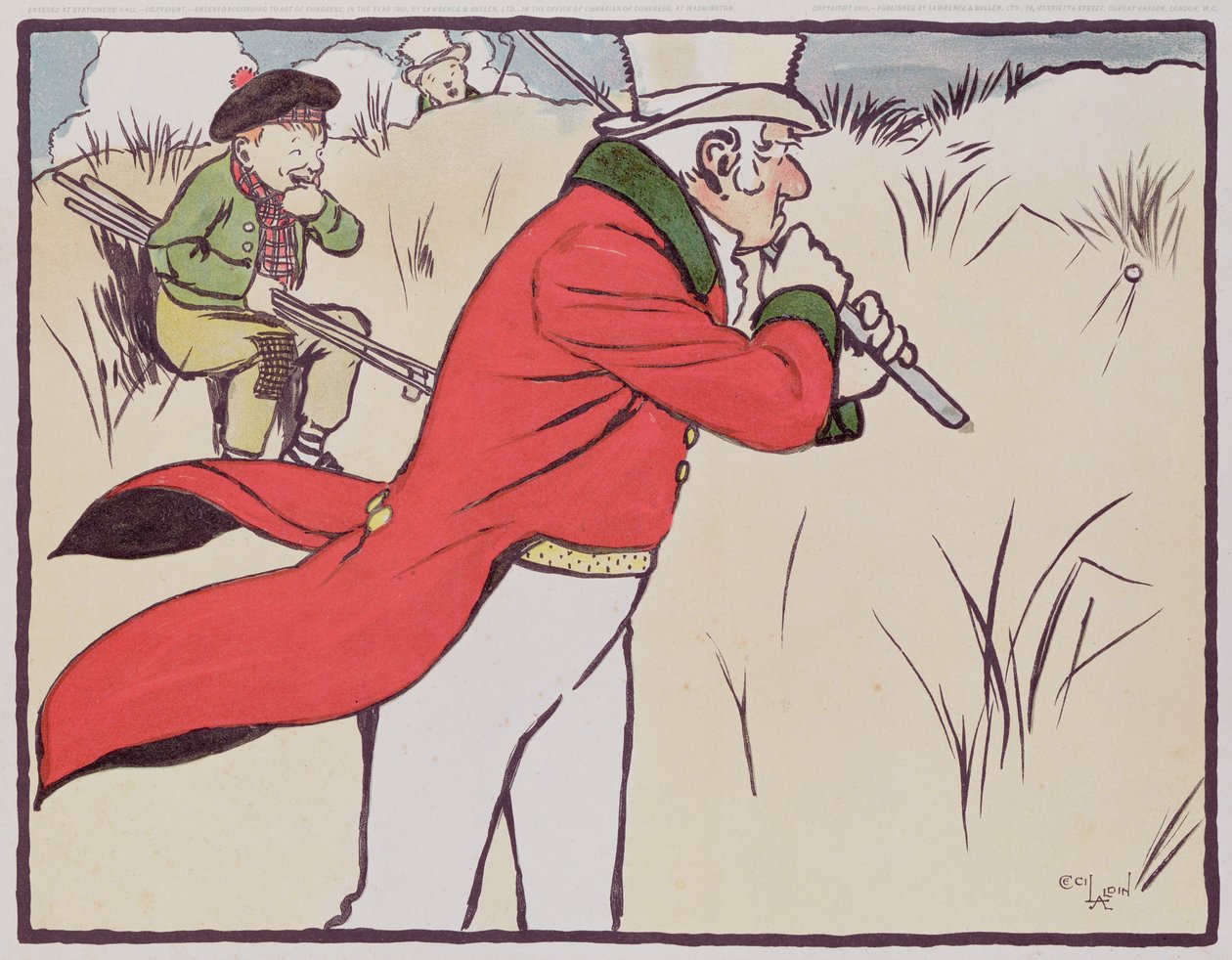 لاعب غولف غاضب يقود الكرة إلى المقشر بينما يحاول حامله منع نفسه من الضحك ، 1901 بواسطة سيسيل تشارلز وندسور الدين
