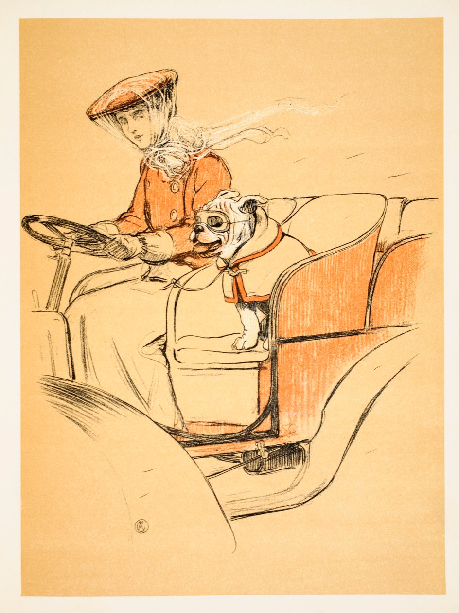 مقدما في "سيارتي" ، سيسيل ألدون (1870-1935). من كتاب "كلب مثلي الجنس ، قصة عام أحمق" نشر ويليام هاينمان ، 1905 ، الطبعة الأولى ، رسوم توضيحية ، طباشير وتلوين على ورق بواسطة سيسيل تشارلز وندسور الدين