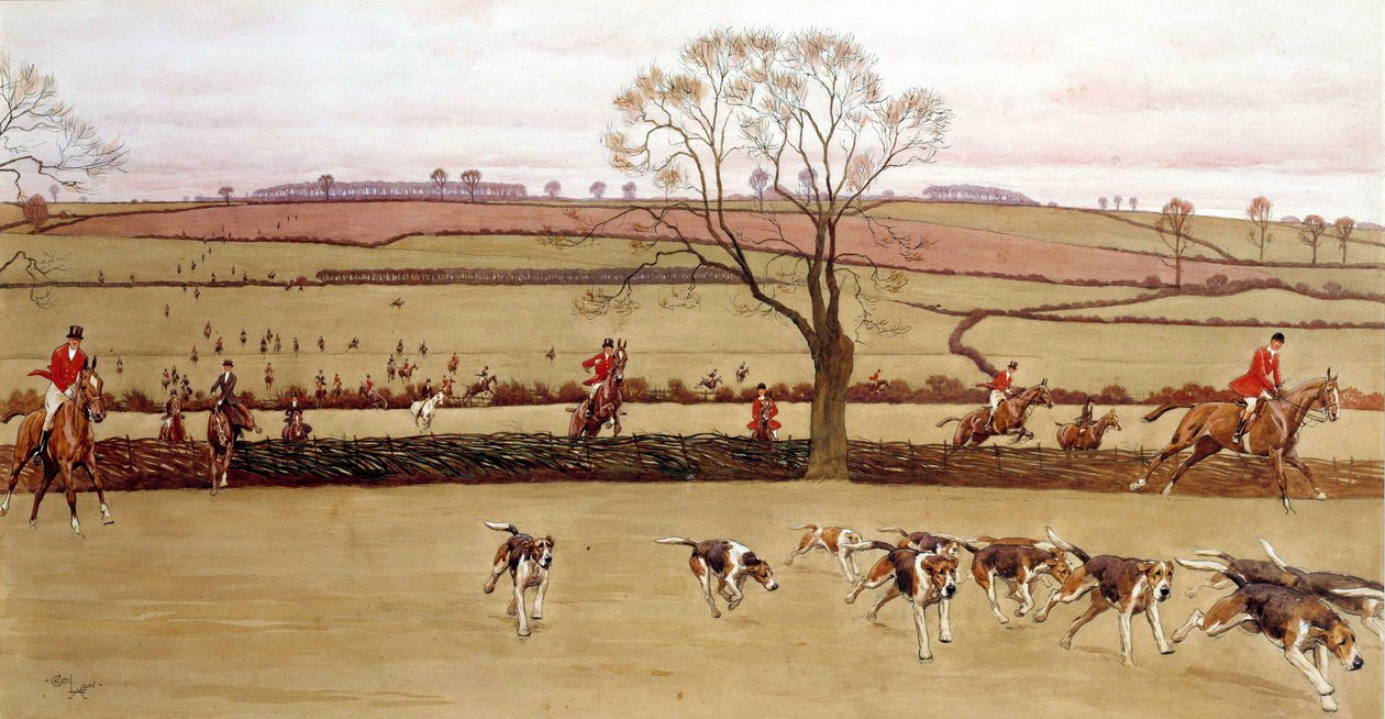مشهد الصيد ، طاقم Alicestone Watercolor من قبل Cecil Aldin (1870-1935) مجموعة خاصة من القرن التاسع عشر بواسطة سيسيل تشارلز وندسور الدين