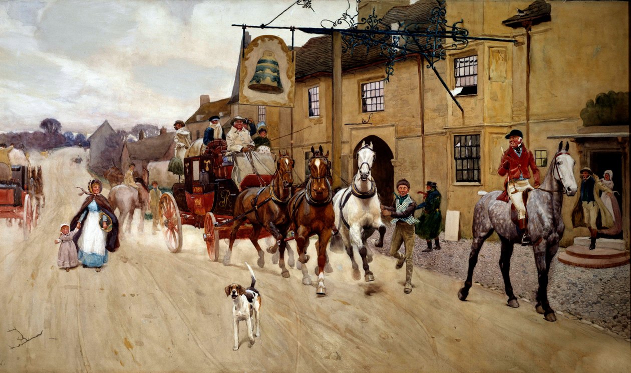 أوقف الاجتهاد أمام نزل الجرس في Stilton Watercolor بواسطة Cecil Aldin (1870-1935) مجموعة خاصة من القرن التاسع عشر بواسطة سيسيل تشارلز وندسور الدين