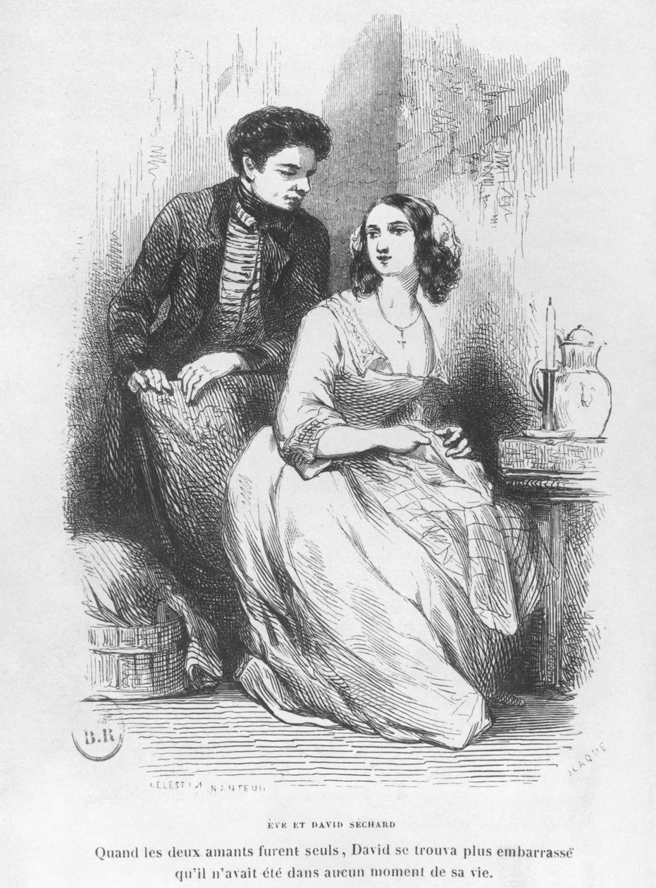 Eve and David Sechard ، رسم توضيحي من "Les Illusions perdues" بواسطة Honore de Balzac ، نشرته Editions Furne ، 1842 بواسطة سيليستين فرانسوا نانتويل
