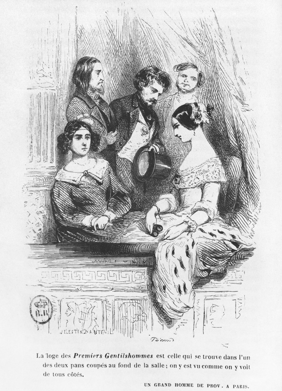 صندوق مسرح Premiers Gentilhommes ، التوضيح من "Les Illusions perdues" بواسطة Honore de Balzac ، تم نشره عام 1842 بواسطة سيليستين فرانسوا نانتويل