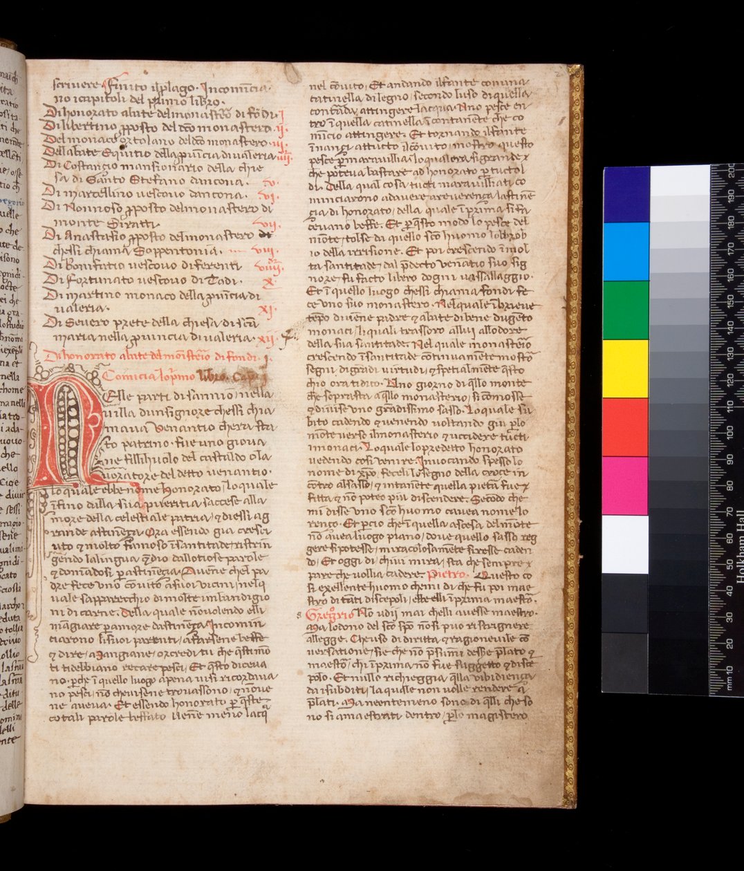 السيدة 148. غريغوري الكبير ، Dialogi في الترجمة الإيطالية. بقلم دومينيكو كافالكا ، f.2r حرف مزخرف [N] بالحبر الأحمر مع قلم مزدهر بالحبر البني بواسطة المدرسة الايطالية المركزية