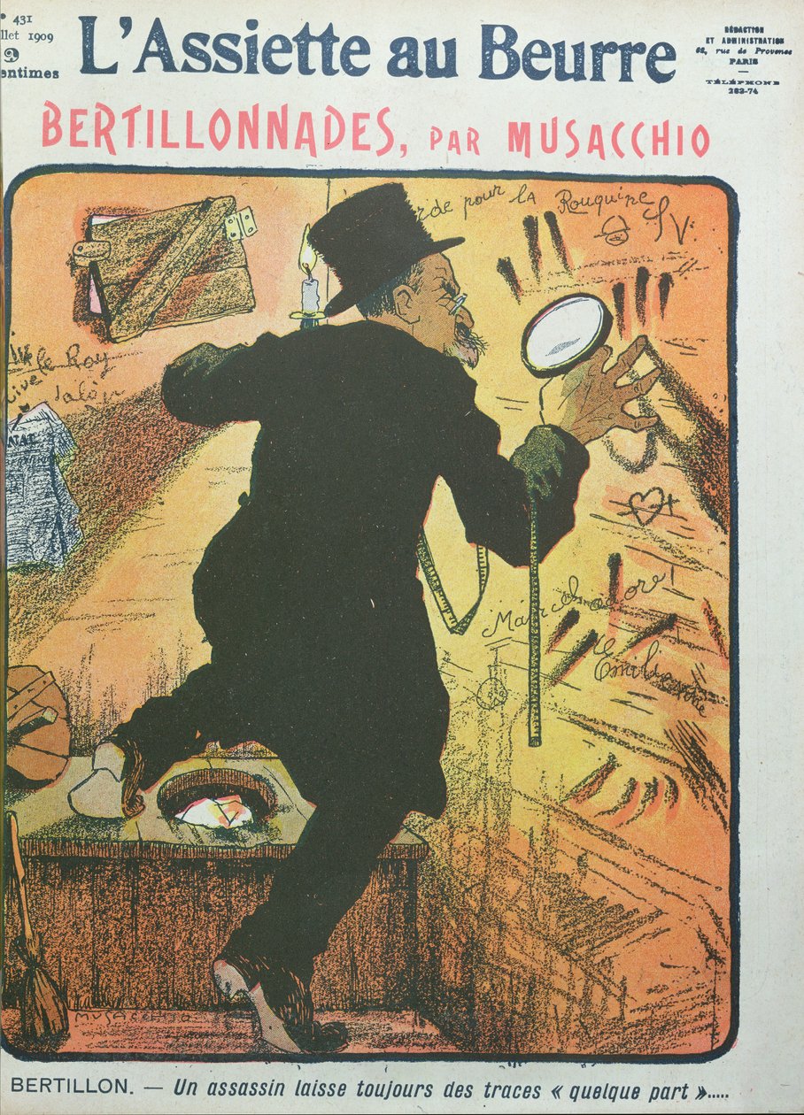 كاريكاتير دكتور ألفونس برتيلون من "أسيتي أو بيور" ، يوليو 1909 بواسطة سيزار أنيبالي موساشيو