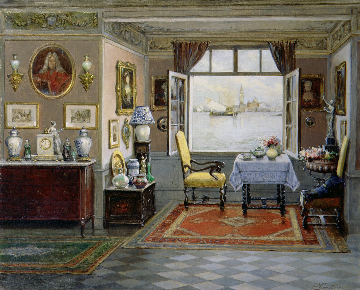 منزل في البندقية مع إطلالة على سان جورجيو ماجيوري من نافذة مفتوحة ، c.1900 بواسطة سيزار فيانيلو