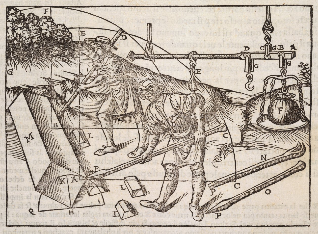 طرق تحريك الكتل الحجرية ، من "Di Lucio Vitruvio Pollione de architectura a libri dece" ، بواسطة Gotardo de Ponte Como ، 1521 بواسطة Cesare di Lorenzo Cesariano