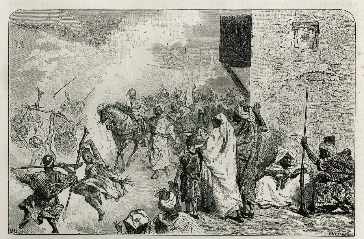 صبي يرتدي انتصارًا عند عودة حفل الختان ، وسط الحشد الذي يطلق طلقات نارية في الهواء ، بينما يصرخ ويستمتع بنفسه مرة أخرى ، نقشًا بواسطة سي بيسيو لتوضيح قصة Le Maroc لإدموندو دي أميسيس ، في بواسطة سيزار بيسو
