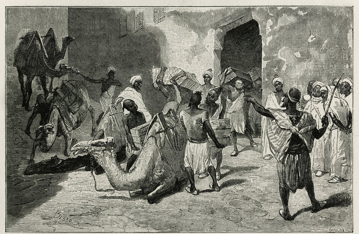 تحميل الجمال من قافلة مؤلف القصة ، Atanger ، نقش بيسيو ، لتوضيح قصة Le Maroc بواسطة Edmondo de Amicis ، في عام 1875 ، المنشورة في جولة العالم ، تحت إشراف إدوارد شارتون بواسطة سيزار بيسو
